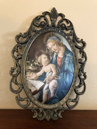 Mary & Child Jesus Print On Padded Satin In Ornate Metal Frame Made In Italy