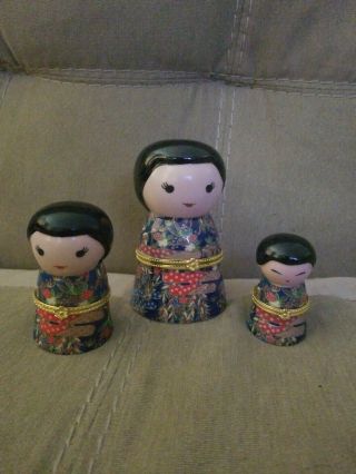 Asian Girl Figure Trinket Box - Set Of 3 (small,  Medium And Large) Gold Hinge