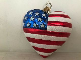 Christopher Radko American Brave Heart Usa Patriotic Glass Ornament No Box 3.  5 "