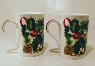 2 Holly & Berries Christmas Mugs Crown Trent Fine Bone China Coffee Cups England
