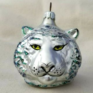 Christopher Radko Christmas Ornament Silver White Bengal Tiger Head Green Eyes
