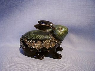 Old Chinese Small Decorative Brass & Green Enamel Cloisonne Rabbit Figurine