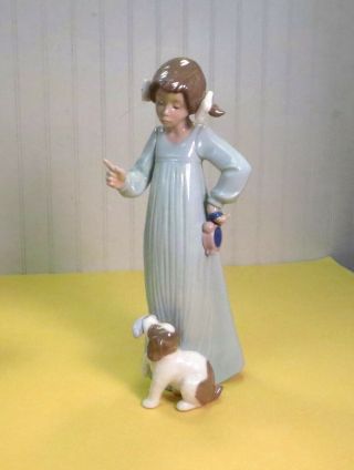 NAO by Lladro 1991 Girl in Nightgown W/ Alarm Clock Scolding Bad Puppy Figurine 3