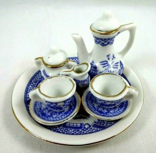 Blue Willow Miniature Tea Set 10 Piece Set Porcelain Doll House Gold Trim