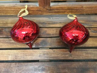 2 Very Large 7” Red Glass Christmas Ornaments