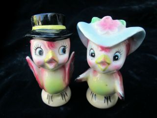 Vintage Anthropomorphic Mr And Mrs Bird In Hats Salt Pepper Shakers Japan Retro