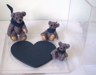World Of Miniature Bears,  3 Blue Plaid Plush Bears,  With Display Box