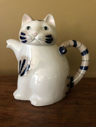 Pier 1 Cat Kitty Kitten Large Hand Painted Teapot Ceramic Adorable Cat Art Euc