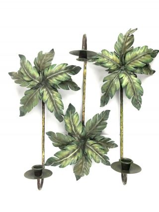 Set Of 3 Palm Tree Metal Wall Sconces Candle Holders Decoration Hawaiian 17”