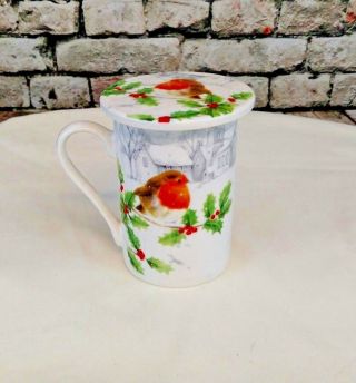 Kent Pottery Porcelain Coffee / Tea Mug W/lid Coaster - Winter Bird