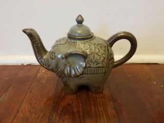 Vintage Pier 1 Imports Teal Brown Stoneware Elephant Teapot