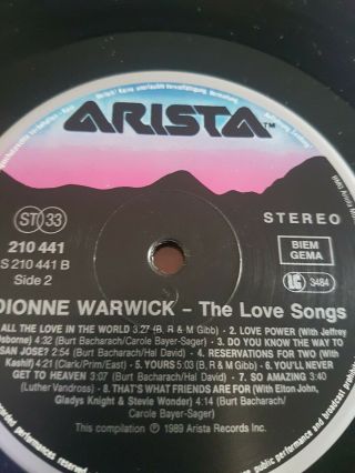 Dionne Warwick - The Love Songs – Arista 210 441 - LP Vinyl Record 3