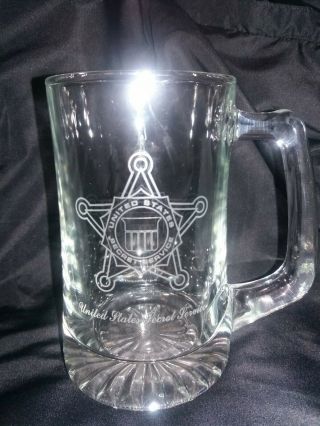 United States Secret Service Clear Glass Beer Stein Mug Cup Etched Shield