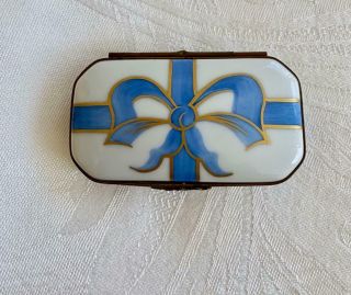 Limoges France Hand Painted Decor Main F.  A.  Blue Ribbon & Gold Trinket Box