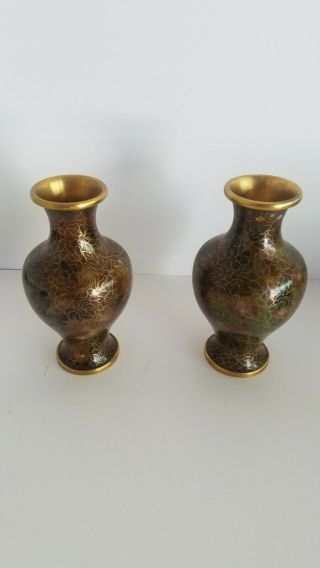 Pair Jingfa Green 6 " Enameled Bronze Cloisonne Vase Earth Tone Floral