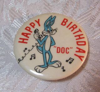 Vintage Bugs Bunny Happy Birthday Doc Tv Cartoon Button Pinback