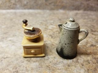 Arcadia Miniature Coffee Grinder Tea Kettle Pot Salt & Pepper Shaker Set Ceramic