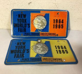 2 Vintage York Worlds Fair Unisphere Bicycle License Plate 1964 - 65 Souvenirs