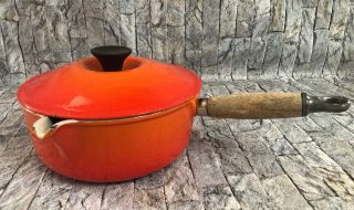 Vintage Le Creuset Flame Orange Wood Handle Sz 20 Cast Iron Saucepan & Lid