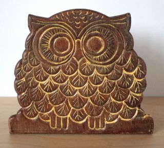 Vintage Wooden Wood Owl Napkin Holder Stand Retro Kitsch -