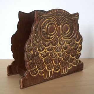 Vintage Wooden Wood Owl Napkin Holder Stand Retro Kitsch - 2