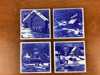 Currier And Ives Homestead In Winter Set Of 4 Ceramic Tiles Blue White Trivits
