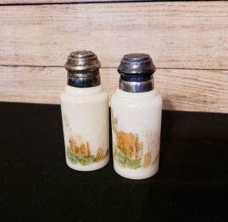 Vintage Milk Glass Salt And Pepper Shakers With Handpainted House Scenery
