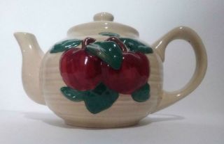 Teapot - Collectible Bisque Color Teapot With Apples And Raised Leaf Design