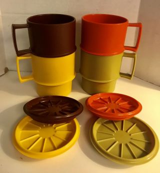 Tupperware Stackable 4 Mugs Coffee Cups W/ Coaster Lids Harvest Colors 1313
