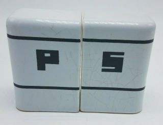 Rare Vtg Art Deco Salt & Pepper Shakers Range Set White W Black Letters Ceramic