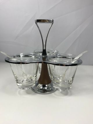 Vintage Condiment Caddy W/ 3 Glasses In Revolving Metal & Wood Lazy Susan