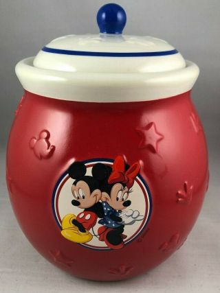 Disney Minnie & Mickey Mouse Ceramic Cookie Candy Jar Canister Red White Blue