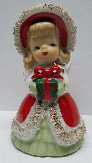 Vintage Lefton Christmas Angel W/spaghetti Trim Bell/figurine W/present