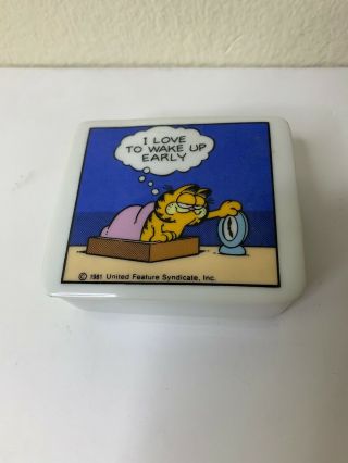 Vintage Garfield Ceramic Trinket Box 1981 Enesco I Love To Wake Up Early