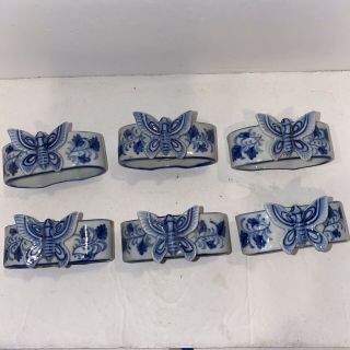 6 Vintage Blue White China Porcelain Napkin Rings Butterfly