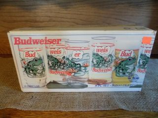 True Vintage 1995 Set Of 8 Budweiser Frog Glasses 90s Beer Mib