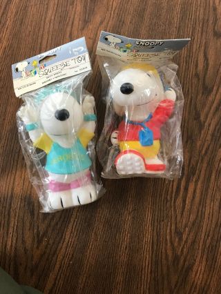 In Packaging Vintage Snoopy Aerobics Workout Plastic Squeeze Toys Set/ 2