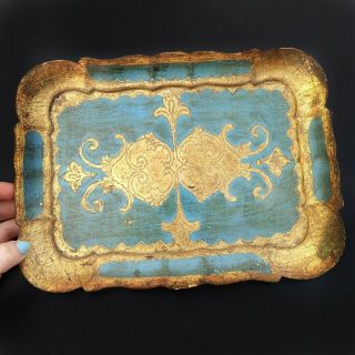 Vtg Italy Florentine Tole Tray Gold Blue Hollywood Regency Old Italian Painted
