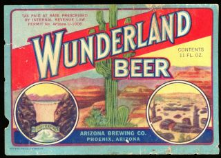 Wunderland Beer U Permit Az1006 Label Arizona Brewing Phoenix 1930s 11oz