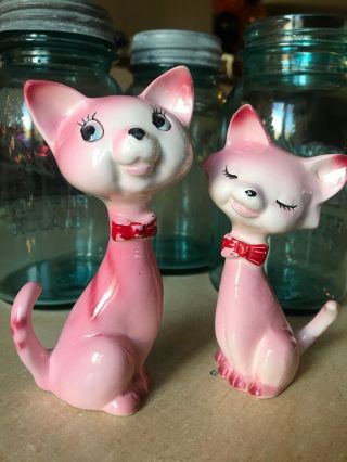 Vintage Kitsch Japan Ceramic Pink Cat Kitties Salt And Pepper Shakers Figurines