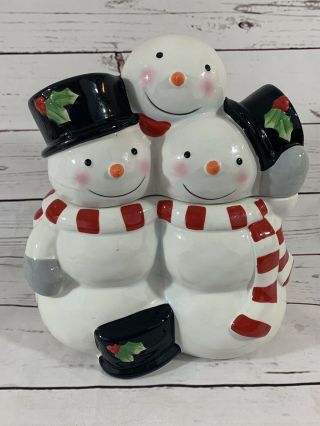 St Nicholas Square Three Snowman Cookie Jar In Hats And Scarves