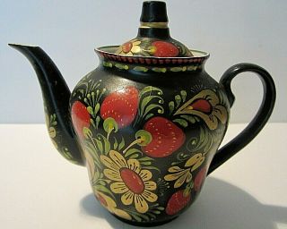 Vintage Porcelain Hand Painted Tea Pot,  Black With Strawberries & Floral