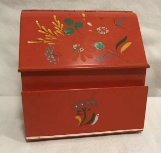 Vintage Ransburg Red Toleware Metal Recipe Box Hand Painted Flowers Storage