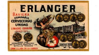 1900s Cervecerias Unidas Brewery,  Santiago,  Chile Erlanger Beer Baveria Label