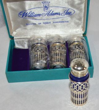 William & Adams Towle Silver Plate Cobalt Glass Salt & Pepper Shakers Set Of 4