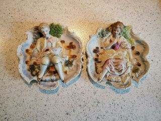 2 Vintage Chase Bisque Porcelain Wall Plaques - Occupied Japan 5.  5 " X 5.  5 "