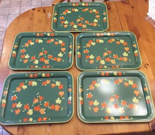 Fall Maple Leaves Vintage Green Metal Tin Tv Lap Serving Trays Set Of 5