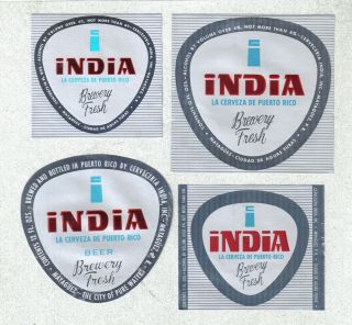 Beer Labels - Puerto Rico - Cerveza India X 4 - Cerveceria India - Mayaguez