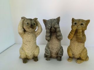 Set Of 3 Wise Kitty Hear No Evil,  See No Evil,  Speak No Evil Resin Figures