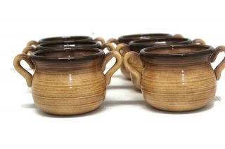 Vintage Mid Century Mod Set Of 6 Stoneware Brown And Tan Bean Pots With Handle